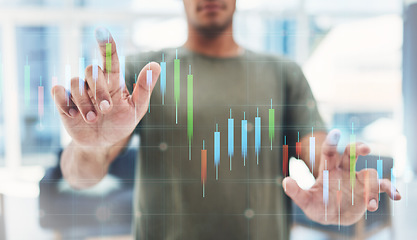 Image showing Hand, 3d digital or big data computer, futuristic web graphs and digital transformation with businessman, trader or investor. Hands of website developer, crypto reading analytics and research on tech