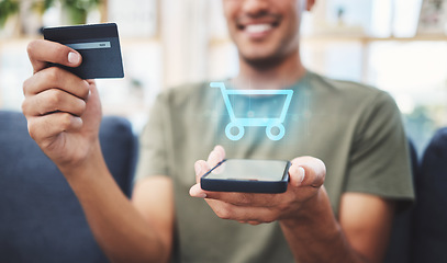 Image showing Online shopping, cart hologram and credit card with phone ecommerce connection, grocery network and fintech digital marketing. Man hands, webshop payment icon and customer mobile app finance economy