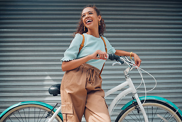 Image showing Summer, smile and girl with bicycle in city to explore, journey and outdoor adventure. Fashion, beauty and happy young girl with bike in road. Cycling, carbon footprint and student in urban street