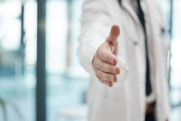 Image showing Doctor hand, handshake gesture and hospital welcome, greeting or medical deal with partnership. Closeup of a man healthcare professional with a shaking hands offer for agreement or clinic recruiting.