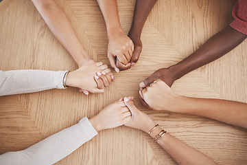 Image showing Holding hands, faith and prayer support group of people or friends with hope, religion and trust or respect. Together, helping and love community with commitment, solidarity and teamwork from above