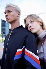 Image showing Couple love, serious and street fashion modern gen z or edgy millennial style in city together. Young man and woman, diverse fashionable friends and cool trendy youth outdoor designer wear lifestyle