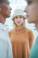 Image showing Beauty, fashion and face of woman model with blue eyes outside with friends for diversity and friendship individuality. Style, gen z and different environment with female and men in trendy clothes