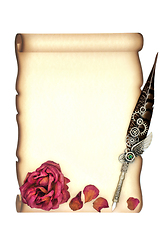 Image showing Parchment Paper Scroll Quill Pen and Rose Petals