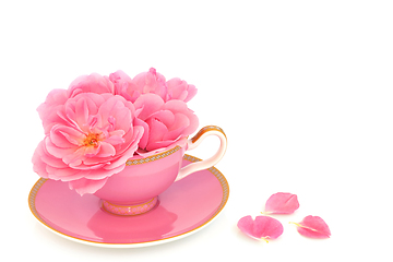 Image showing Surreal Pink Rose Flower Tea Cup Composition