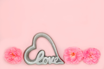 Image showing Heart Shape Love Sign and Rose Flowers