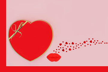 Image showing Heart Shape Gift Box, Luscious Red Lips and Hearts