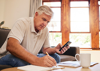 Image showing Smartphone, budget planning and senior man in living room for retirement research, website investment information or asset management. Elderly person writing notes, using phone online finance banking