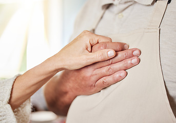 Image showing Hands, elderly care and support for love in hope, trust and faith or gratitude for caring relationship. Closeup of hand holding of senior couple in unity for compassion, bonding and loving connection