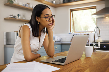 Image showing Stress, burnout and laptop with woman in kitchen with mental health, tired or depression from remote work. Review, sad and research with bored girl reading email at home for news, idea and technology