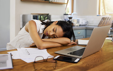 Image showing Sleeping, burnout and tired business woman exhausted after home office working hours, overtime and sleepless or mental health. Overworked, sleepy and professional finance woman dreaming on table