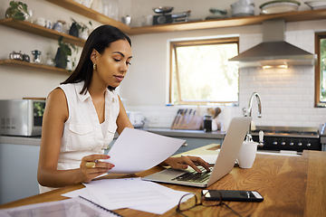 Image showing Documents, laptop or business woman in kitchen with financial research, company budget or survey review in house. Employee, worker or manager planning schedule, agenda or SEO data analysis at home