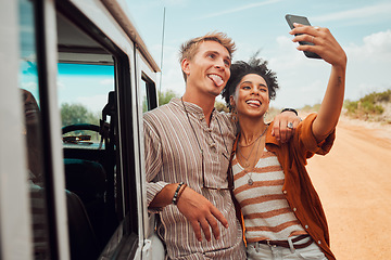 Image showing Road trip, travel and selfie couple with smartphone and van in desert for outdoor adventure with social media post update. Love, gen z and influencer people in cellphone portrait for nature journey