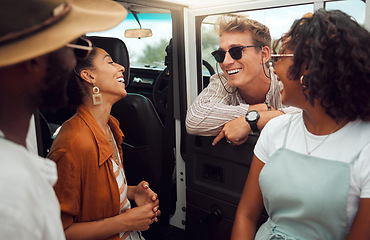 Image showing Road trip, van and diversity friends relax on travel adventure for peace, wellness and outdoor freedom in Toronto Canada. Friendship, laugh and happy group of people have fun on car transport journey