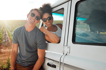 Image showing Couple, sunglasses and road trip in nature portrait, vacation or summer holiday outdoors. Love, diversity and man and woman spending time together on romantic journey or adventure in countryside car