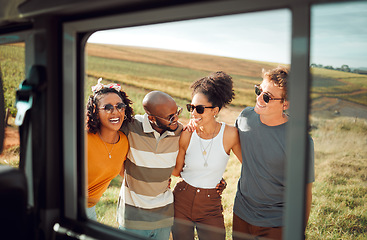 Image showing Friends, group and happy on road trip by car in nature by hill in summer. Diversity, man and women with sunglasses on travel, vacation or holiday together by farm, agriculture or rural land in Dublin