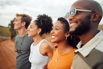 Image showing Friends, road trip and smile of happy people enjoying a view outdoor with happiness. Diversity of friend group standing together feeling calm about travel showing community, joy and care