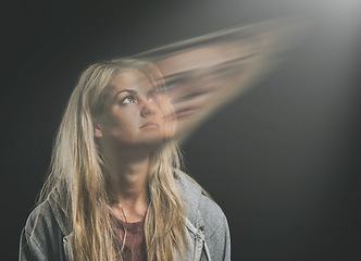 Image showing Mental health, anxiety or bipolar woman thinking in double exposure in dark studio for psychology or trauma. Schizophrenia or depressed frustrated girl with depression, fear and paranoid mockup