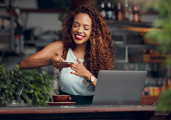 Image showing Coffee, phone and blog with woman in cafe with laptop for social media influencer, advertising or small business. Happy, technology or internet with girl in coffee shop and picture for online website