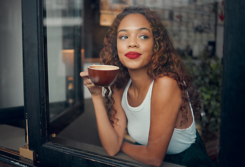 Image showing Happy black woman, relax in cafe with smile at window and drinking coffee or tea thinking about future. Young African American girl in a coffee shop, latte drink and creative idea inspiration