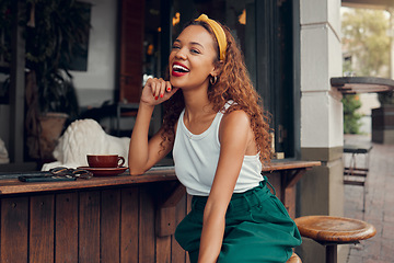 Image showing Coffee shop, cafe and black woman in portrait happy with service experience, small business success or youth urban city lifestyle. Smile of young customer in restaurant with espresso or latte drink