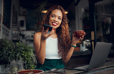 Image showing Microphone, phone, and woman at cafe using voice recognition, recording and loudspeaker for an audio message. Smile, communication and happy girl talking, conversation or speaking on a social network