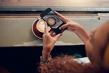 Image showing Woman coffee picture, social media app post with smartphone and advertising cafe barista skills online. Gen z girl, wifi internet connection at coffee shop and 5g mobile technology marketing network