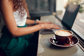 Image showing Laptop, coffee and woman remote work typing proposal, for planning business and in cafe. Entrepreneur, female student and lady working on startup company, strategy and with hot beverage or latte.