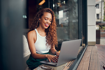 Image showing Black woman, remote work on laptop and cafe 5g wifi network connection from coffee shop working on writing blog online. Professional digital freelancer, happy internet writer and typing with a smile