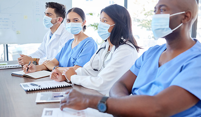 Image showing Covid, planning and team of doctors in a meeting working on medical reports, documents and coronavirus solutions. Face mask, teamwork and healthcare workers talking of a strategy to help in pandemic