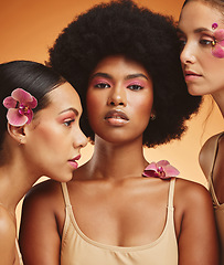 Image showing Flowers, beauty and portrait of women with makeup standing in a studio with an orange background. Skincare, diversity and face of beautiful girl model with natural floral, cosmetics and wellness.