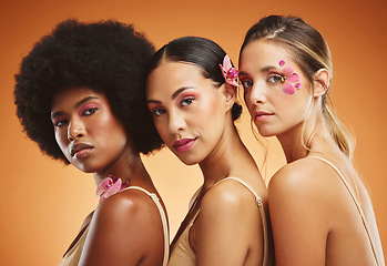 Image showing Skincare, flowers and beauty portrait of women in studio for feminism, woman empowerment and cosmetics. Diversity, face and group of beautiful natural models with floral standing by orange background