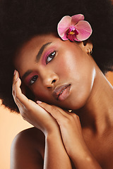 Image showing Black woman, beauty and face, flower and makeup with natural cosmetology advertising closeup. African American model hands, glow with skincare and cosmetics treatment portrait in studio.