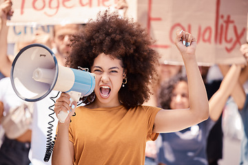 Image showing Angry, megaphone and black woman leading a protest in the city of Iran for human rights. Portrait of a frustrated girl talking with a microphone and group of people for justice and equality in a riot