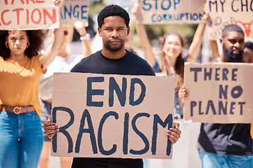 Image showing Protest, poster and walking people for human rights, racism and equality in the street and city of USA. Portrait of angry and frustrated crowd with board for freedom, support and change in government