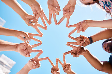 Image showing Friends, hands and star sign by volunteer group in support of environment cleaning project in summer blue sky from below. Peace, collaboration and teamwork by happy people gathering to help community