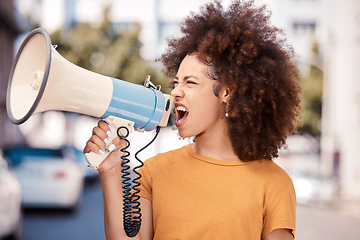 Image showing Angry, megaphone and black woman talking at a protest for human rights in city of Iran. Shouting, frustrated and African girl with a microphone for an announcement at a riot for justice in the street