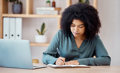 Image showing Schedule, entrepreneur and business woman writing notes and report in a notebook, diary or journal. Time management, agenda and young freelancer working and planning a reminder for an appointment