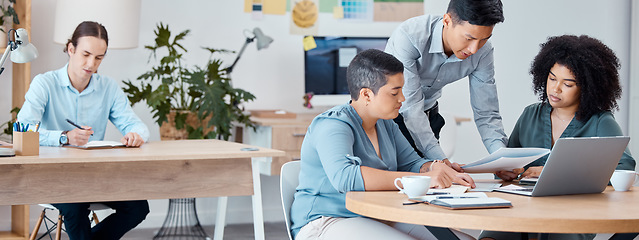 Image showing Communication, people and sharing office with corporate coworkers, teamwork and collaboration. Cooperation, planning and development of business marketing proposal strategy in workspace.