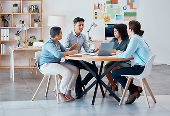 Image showing Meeting, teamwork and strategy with a team of business people sitting in the boardroom for planning. Training, collaboration and workshop with an employee group sitting around a table at work