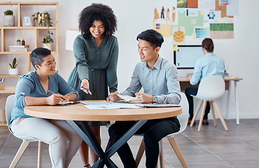 Image showing Collaboration, research and marketing team planning project with documents, data and ideas. Teamwork, diversity and happy business people working on a creative strategy analysis in meeting in office.