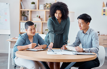 Image showing Business leader, diversity or teamwork on documents for marketing data review, planning or strategy report analysis. Startup, employees or consulting for KPI target goal, target or growth in office