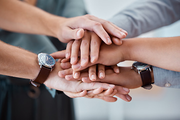 Image showing Diversity, hands and support for team trust, care and unity piling in collaboration for community. Closeup hand of people in teamwork solidarity, partnership or agreement for business success