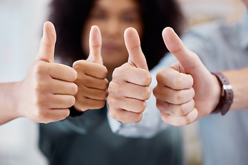 Image showing Thumbs up, support and business people in collaboration for a thank you, agreement or success together at work. Hand sign of corporate workers working with motivation, community and happy with team