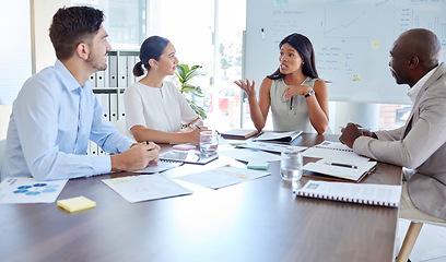 Image showing Business woman leadership, conversation and collaboration, economy planning and finance ideas in corporate company office table. Management staff meeting, workers conversation and team brainstorming