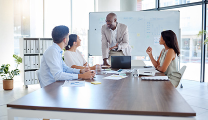 Image showing Ceo, happy and business people in meeting for goals, success and planning a sales target for the company. Team, leadership and mentor coaching marketing and advertising employees on a global project