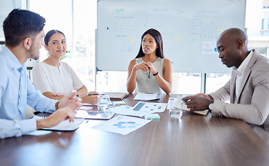 Image showing Teamwork, leadership or project management meeting for collaboration, planning strategy or finance report data analysis. Creative, finance consulting or team working on kpi growth review or mission