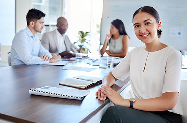 Image showing Leader, portrait and woman at meeting table for sales growth, marketing or business strategy with coworkers. Planning, vision and ceo, manager or employee sitting in company boardroom with documents.