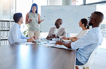 Image showing Black woman, speaker and corporate presentation in the office conference room for the team. Diversity, leadership and business people planning a company project with professional leader in a meeting.