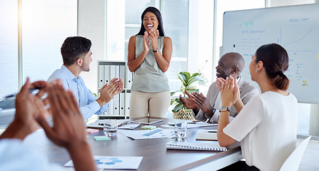 Image showing Presentation, teamwork or diversity team applause at meeting success for creative marketing strategy or KPI target growth. Corporate celebration, support or business people clap for advertising idea